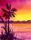 Watercolor painted panorama with palm trees.