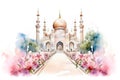 Watercolor Painted Islamic Mosque with Trees and Flowers on White