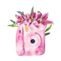 Watercolor painted picture of a vintage photocamera