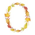 Watercolor painted plants, branches and leaves on white background. Autumn oval frame