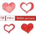 Watercolor painted red hearts set, vector elements Royalty Free Stock Photo