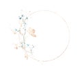 Watercolor painted round floral frame. Arrangement border with blue flowers, branches and leaves and gold elements. Royalty Free Stock Photo
