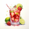 Watercolor painted strawberry mojito