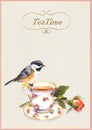 Watercolor painted teatime card with tea cup, pretty bird and rose flower