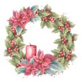 Watercolor painted wreath. Holly berry, poinsettia flowers and red candle. Christmas illustration Royalty Free Stock Photo