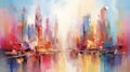 Watercolor painting of abstract cityscape, urban, people, and skyscraper scenes. Digital art illustration. Ai Generative