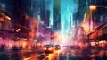 Watercolor painting of abstract cityscape, urban, people, and skyscraper scenes. Digital art illustration. Ai Generative