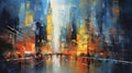 Watercolor painting of abstract cityscape, urban, people, and skyscraper scenes. Digital art illustration. Ai Generative
