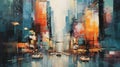 Watercolor painting of abstract cityscape, urban, people, and skyscraper scenes. Digital art illustration. Ai Generative