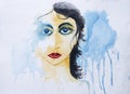 Watercolor painting, abstract portrait of a beautiful young model woman with attractive face. Hand painted illustration. Fashion Royalty Free Stock Photo