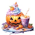 Watercolor painting abtract colorpastel tone sweet dessert on halloween day