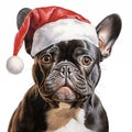 Watercolor painting of an adorable French Bulldog breed dog wearing a red Santa Claus hat on a white background. Perfect for Royalty Free Stock Photo