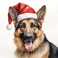 Watercolor painting of an adorable German Shepherd breed dog wearing a red Santa Claus hat on a white background. Perfect for Royalty Free Stock Photo