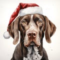 Watercolor painting of an adorable German Shorthaired Pointer breed dog wearing a red Santa Claus hat on a white background.