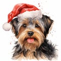Watercolor painting of an adorable Yorkshire Terrier breed dog wearing a red Santa Claus hat on a white background. Perfect for Royalty Free Stock Photo