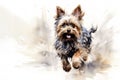 Watercolor painting of adorable yorkshire terrier puppy, isolated and cute, showcasing its small size and purebred features. Pet.
