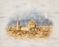 Watercolor painting of aereal panoramic view with Santa Maria del Fiore cathedral in Florence, Italy Royalty Free Stock Photo