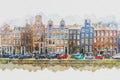 Watercolor painting of Amsterdam Flemish architecture Royalty Free Stock Photo