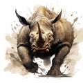 Watercolor painting of angry rhinoceros running on white background. Wildlife Animals. Illustration, Generative AI