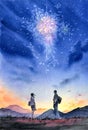 Watercolor Painting - Couple under Firework Night Sky