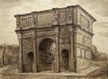 Watercolor painting of the Arch of Constantine in Rome, Italy.