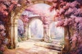 Watercolor Painting of an Archway Filled with Pink Flowers Royalty Free Stock Photo