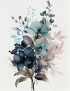 Watercolor painting of an array of blue flowers arranged on a white background