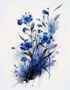 Watercolor painting of an array of vibrant blue flowers arranged on a white background