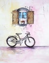 Watercolor art bicycle standing against a wall under a window. Royalty Free Stock Photo