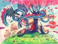 Watercolor painting art with fantasy Japanese dragon, reading boy and magic tree over clouds. Hand drawn comics illustration