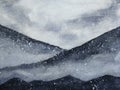 Watercolor painting asian art mountains covered snow fall with fog in winter season.