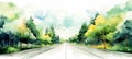 Watercolor painting of an asphalt road winding through a vibrant green forest in the summertime Royalty Free Stock Photo