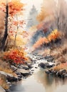 watercolor painting of an autumn forest stream in impressionist style Royalty Free Stock Photo