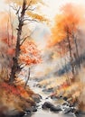 watercolor painting of an autumn forest stream Royalty Free Stock Photo