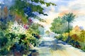 Watercolor painting of autumn landscape with a beautiful road with colored trees Royalty Free Stock Photo