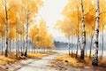 Watercolor painting of autumn landscape with birch trees and road. AI generated Generative AI Royalty Free Stock Photo