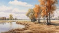 Watercolor Painting Of Autumn Landscape In Hasselblad H6d-400c Style