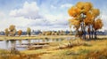 Watercolor Painting Of Autumn Landscape With Prairiecore Style