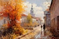 Watercolor painting of autumn landscape in Vilnius, Lithuania. Ancient Vitebsk in the autumn Impressionism art, AI Generated Royalty Free Stock Photo