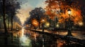 Watercolor Painting Autumn Night Trail of Trees with Glowing Lamps Pole in a Quiet Park Royalty Free Stock Photo