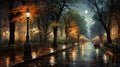 Watercolor Painting Autumn Night Trail of Trees with Glowing Lamps Pole in a Quiet Park Royalty Free Stock Photo