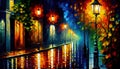 Watercolor Painting Autumn Night Trail of Trees with Glowing Lamps Pole in a Quiet Park Wet Reflections on Canvas Oil Painting AI Royalty Free Stock Photo