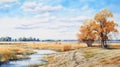 Watercolor Painting Of Autumn River In Field: Photo-realistic Landscape Art