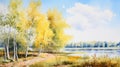 Watercolor Painting: Autumn River By The Forest In Yellow And Azure