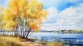 Watercolor Painting: Autumn Trees On The Beach And River