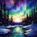 Watercolor painting of the awe-inspiring beauty of the aurora borealis dancing across a winter sky