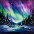 Watercolor painting of the awe-inspiring beauty of the aurora borealis dancing across a winter sky