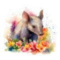 Watercolor Painting of Baby Aardvark in Colorful Flower Field Animal Art Ideal for Greeting Cards and Art Prints