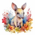 Watercolor Painting of Baby Aardvark in Colorful Flower Field Animal Art Ideal for Greeting Cards and Art Prints