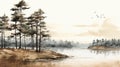Lagoon Sketch: Watercolor Forest Landscape With Pine Trees And Birds